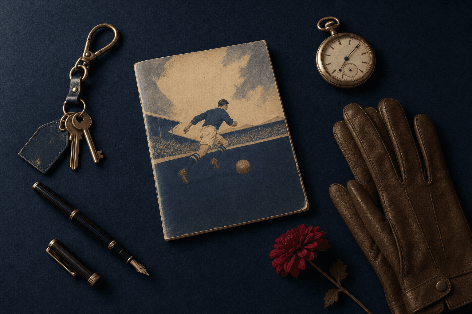 Editorial flat-lay of vintage matchday memorabilia on navy felt