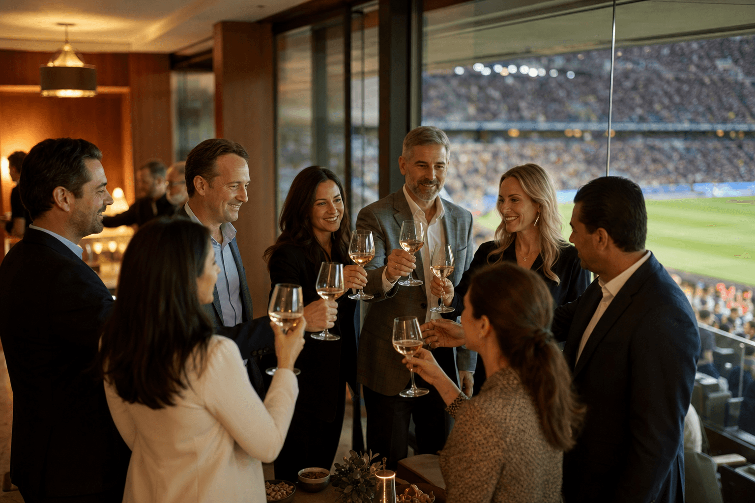 Corporate group toasting in a stadium hospitality lounge
