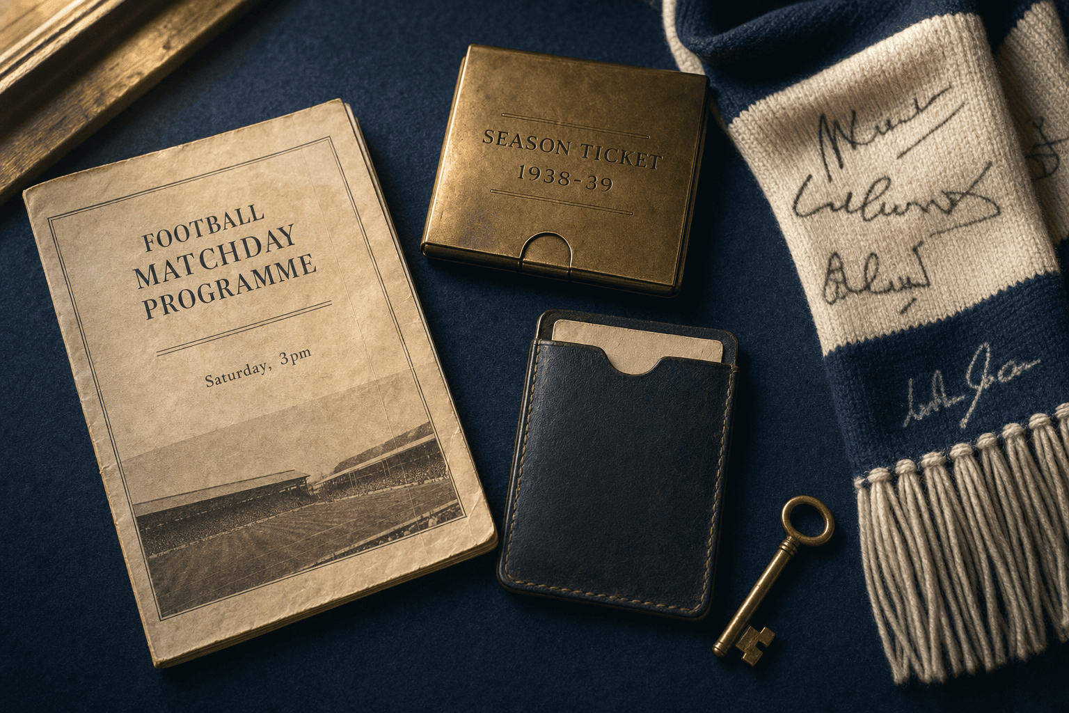 Editorial flat-lay of vintage matchday memorabilia on navy felt — programme, brass season-ticket, leather card holder