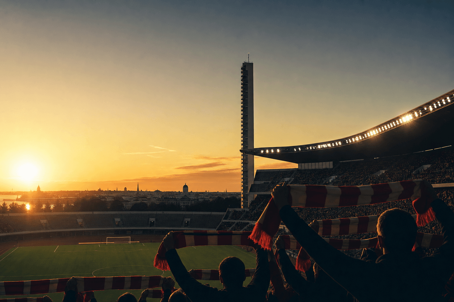 Helsinki Olympic Stadium at golden Nordic dusk