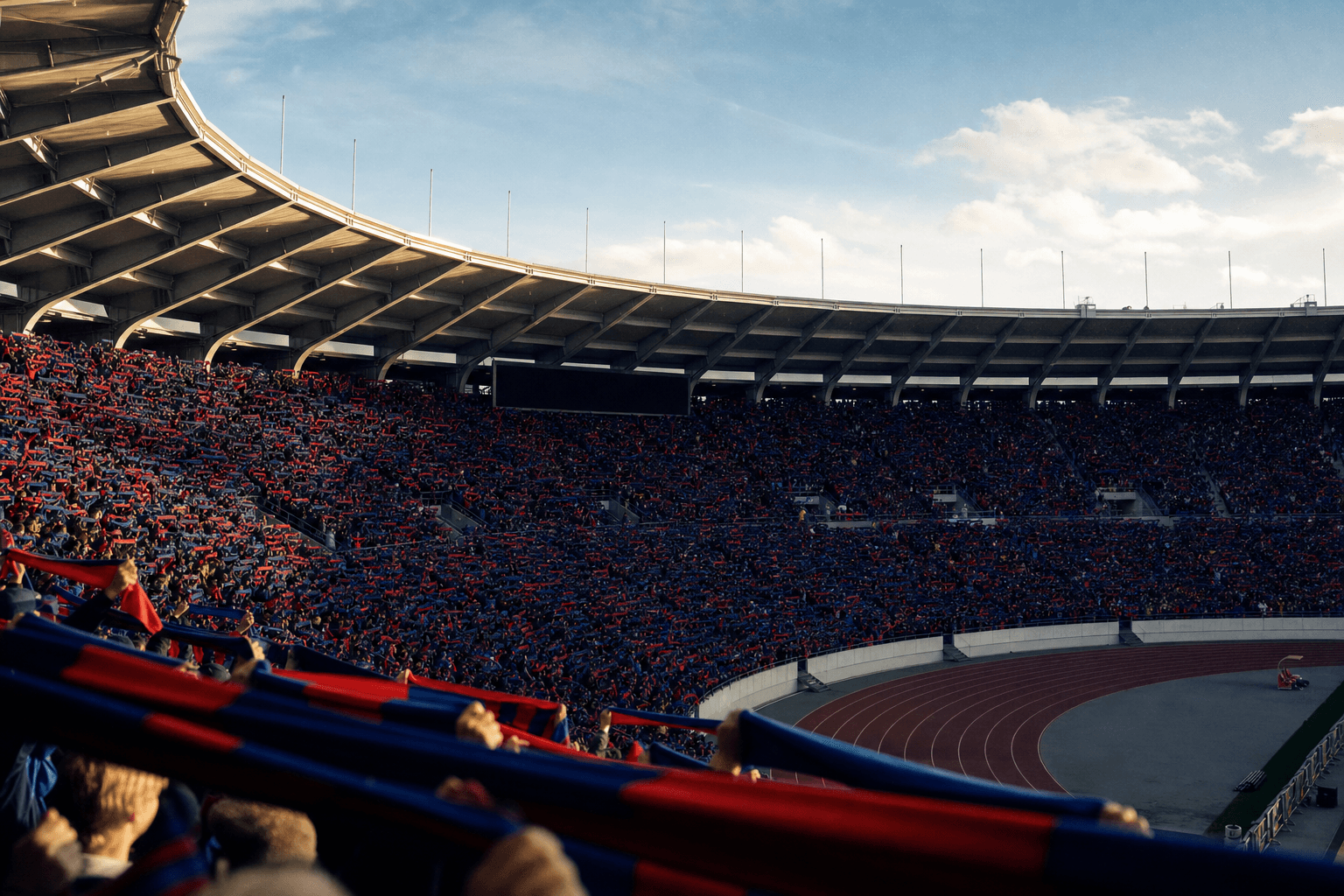 Ullevi stadium interior at mid-afternoon Nordic sunlight