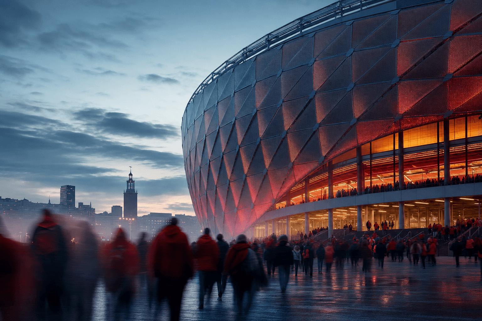 Strawberry Arena exterior at Nordic dusk