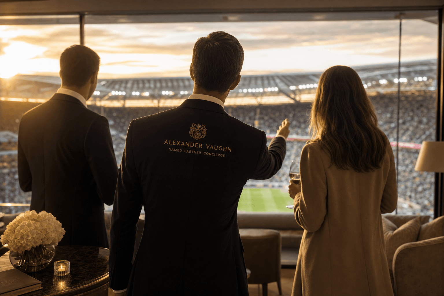 A tailored named-partner concierge in a stadium hospitality lounge gesturing toward the pitch, two corporate guests in soft focus